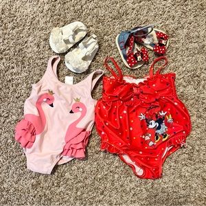 Baby swim suit n sandals bundle 4 pc. Minnie Mouse and Flamingo